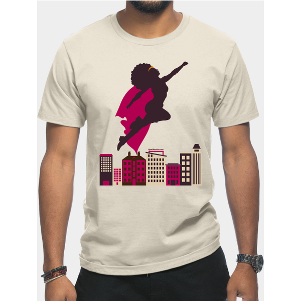 Superhero Flying Above City -Blerd - Black Superhero - T-Shirt-image