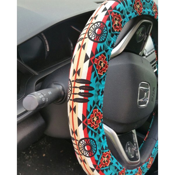 Aztec Steering Wheel Cover/ Turquoise And Beige Wheel Cover