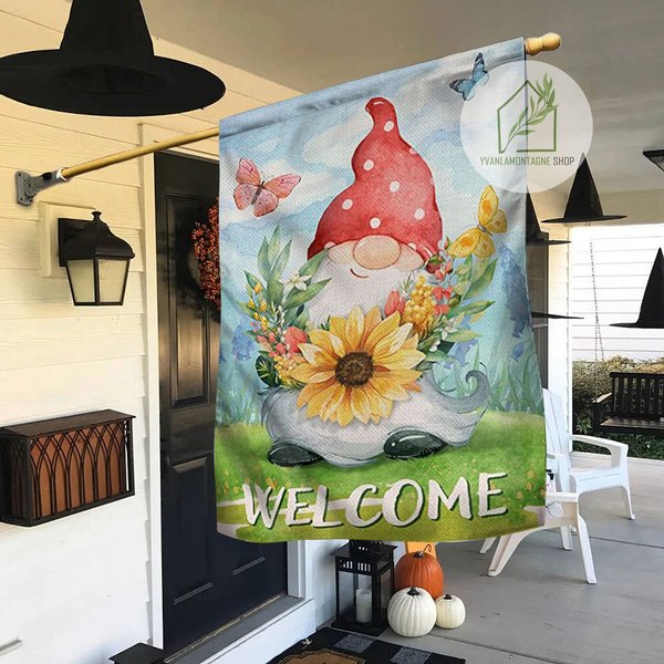 Welcome Spring Gnome Sunflower Wild Flower House Flag-image