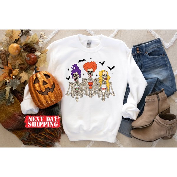 Sanderson Sisters Skeleton With Coffee Sweatshirt, Halloween Sweatshirt-image