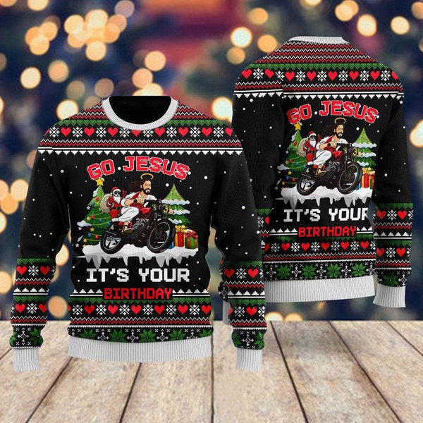 Santa Jesus Ride Motobike Ugly Christmas Sweater-image