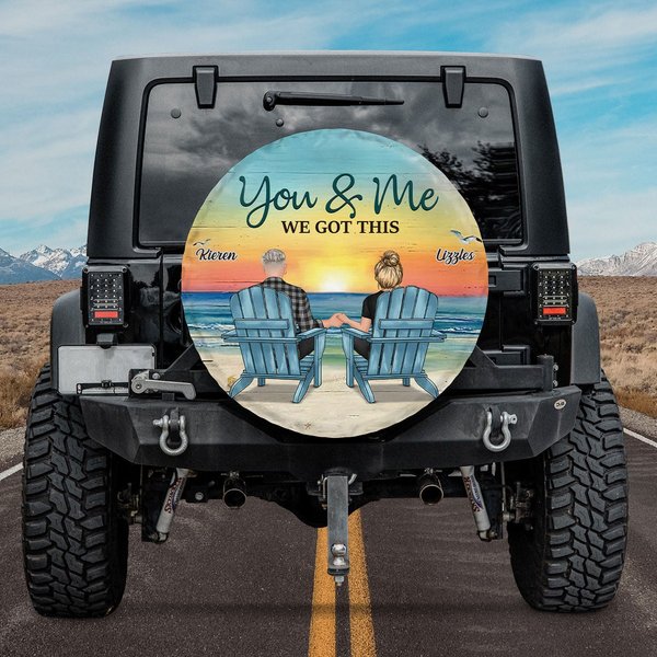 Back View Couple Sitting Sunset Beach Landscape You & Me We Got This Personalized Spare Tire Cover-image