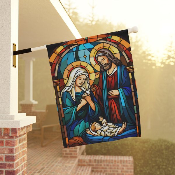 Nativity House Flag, Christmas Stained Glass Look, Christian Christmas Gift-image