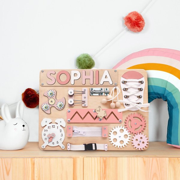 Chippico Personalized Busy Board For Toddler, Wooden Baby Toy, Baby Shower Gift-image