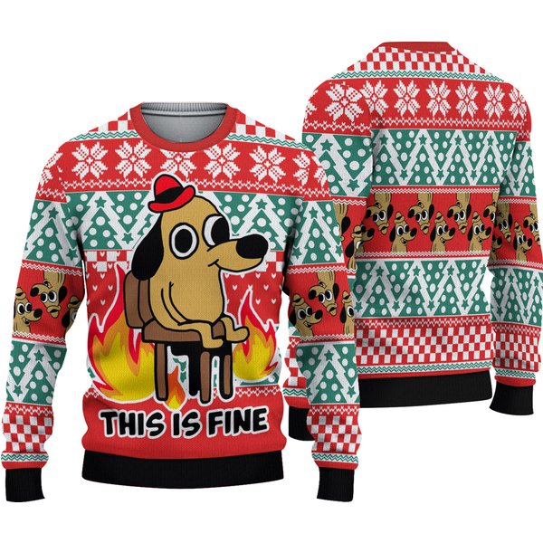 This Is Fine Dog Meme Ugly Christmas Sweater-image
