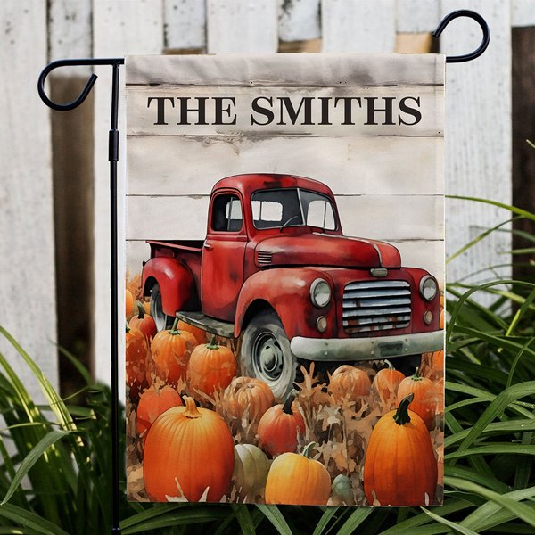 Personalized Red Truck Autumn House Flag, Custom Name Fall Flag-image