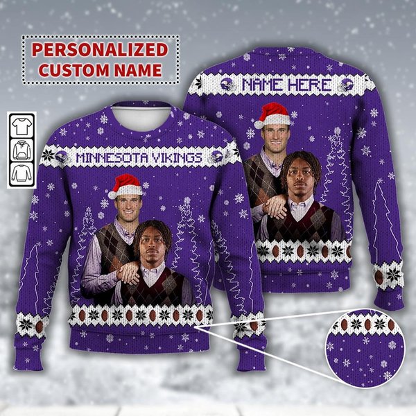 Custom Justin Jefferson Kirk Cousins Minnesota Football Ugly Christmas Sweater-image