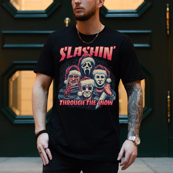 Horror Guys Christmas T-Shirt, Slashin Through The Snow-image