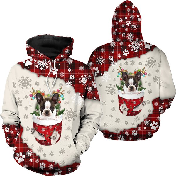 Brindle Boston Terrier In Snow Pocket Merry Christmas Personalized 3D Hoodie-image