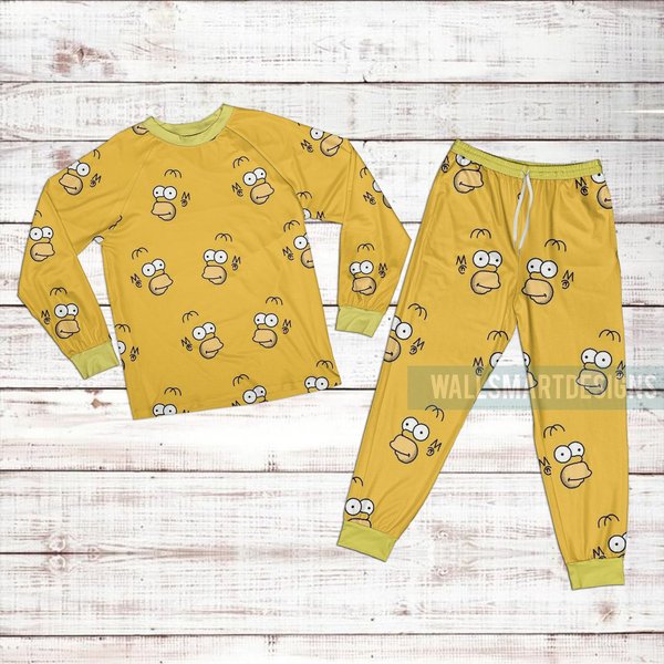 Cute Homer Simpson Pattern Raglan Pajamas Set, Cartoon The Simpson Raglan Pajamas Set-image