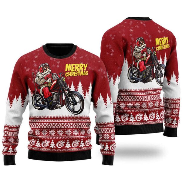Santa Riding Motorbike To Holiday Ugly Christmas Sweater Lightweight Xmas Gift