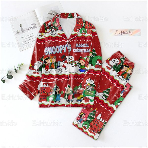 Snoopy Christmas Pajamas, Snoopy Santa Hat Pajamas, Cartoon Dog Xmas Pyjamas-image