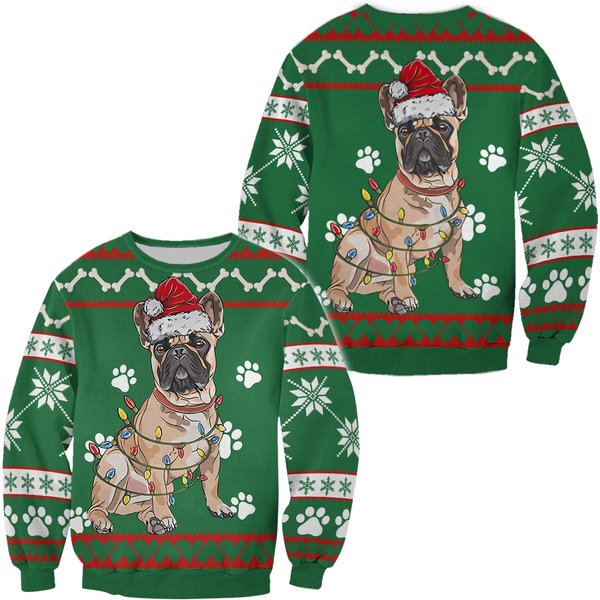 3D French Bulldog Green Christmas Sweater-image