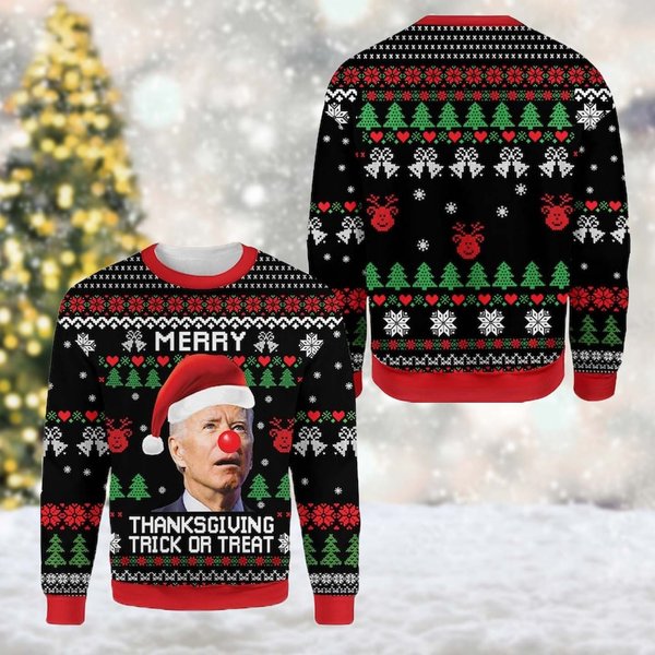 Merry Thanksgiving Trick Or Treat Ugly Sweater, Santa Biden Christmas Sweatshirt