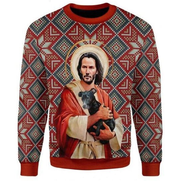 Jesus Keanu Reeves With Dog Ugly Christmas Sweater, Ugly Christmas Sweater-image