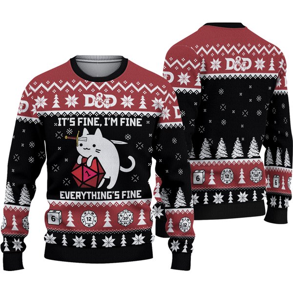 D&D Dragon Sweater Funny Cat Its Fine Everything Fine Ugly Christmas Sweater-image