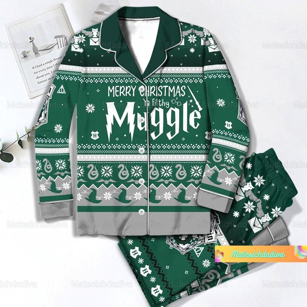 Christmas Hp Muggle Pajamas Set, Hp Slytherin Holiday Pajamas, Gryffindor Pajamas