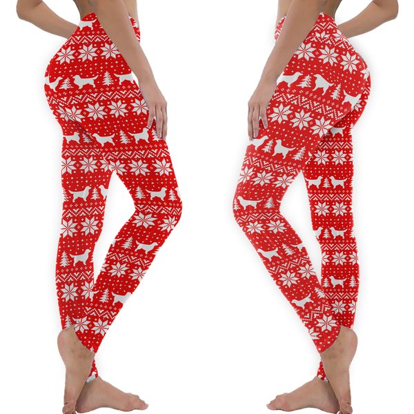 Golden Retriever Silhouettes Red And White Christmas Holiday Pattern Leggings-image