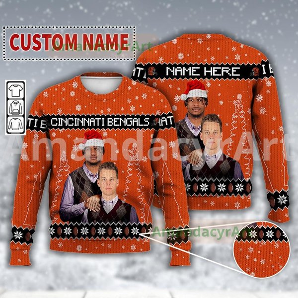 Custom Ja'marr Chase Joe Burrow Cincinnati Football Ugly Christmas Sweater-image