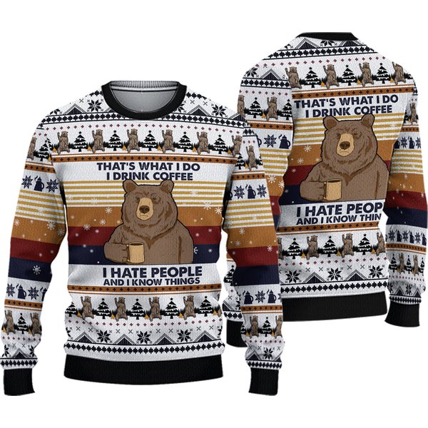 Bear Drinking Coffee Ugly Knitted Christmas 3d Sweater