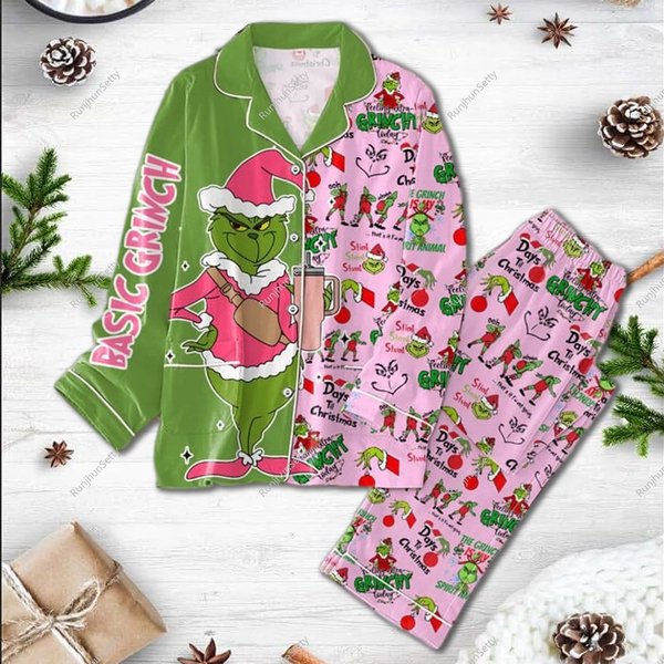 Christmas Funny Character Women Pajamas, Grin Pajamas Set, Pink Funny Character Pajama-image