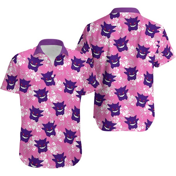 Gengar Pkm Ghostpoison Animal Tropical Button Down Hawaiian Shirt-image