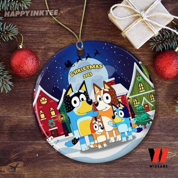 Custom Blue Dog Family Round Ceramic Christmas Ornament, Gift For Family Christmas