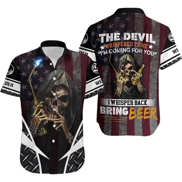 Oktoberfest Welder America Flag Patriotic Skull With Beer Black Aloha Hawaiian Shirt-image