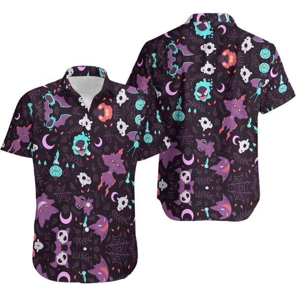 Pkm Hawaii Shirt, Gengar Ghost V1 Button Up Pika Summer Vacation Beach Family Shirt-image