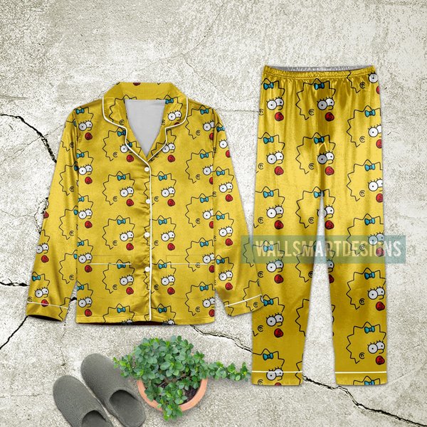 Lisa Simpson Pattern Christmas Satin Pajamas Set, Simpson Xmas Sleepwear-image