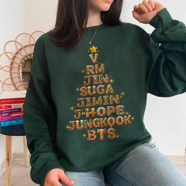 Bts Christmas Tree Sweatshirt, Christmas In July Shirt, Kpop Bangtan Xmas-image