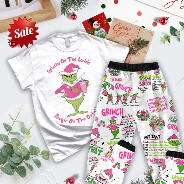 Christmas Pink Funny Character Women Pajamas, Grin Pajamas Set, Pink Funny Character-image