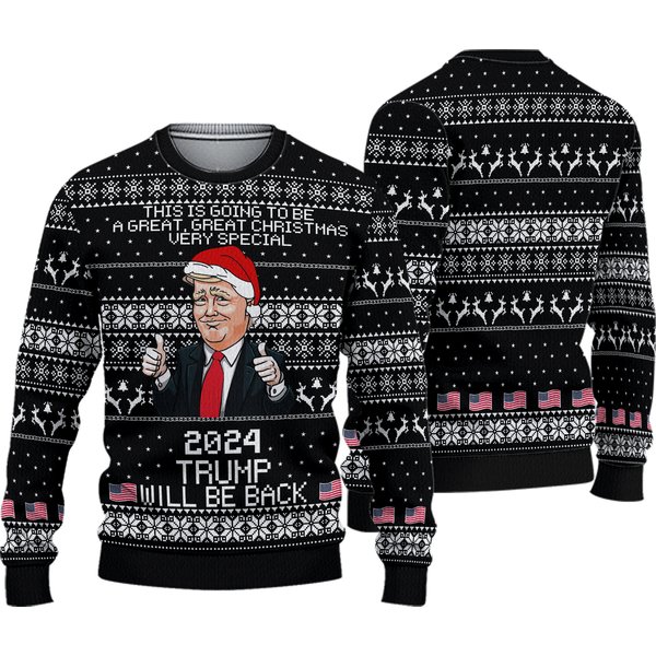 2024 Trump Will Be Back Christmas Sweater, Humorous Trump Ugly Christmas Sweater