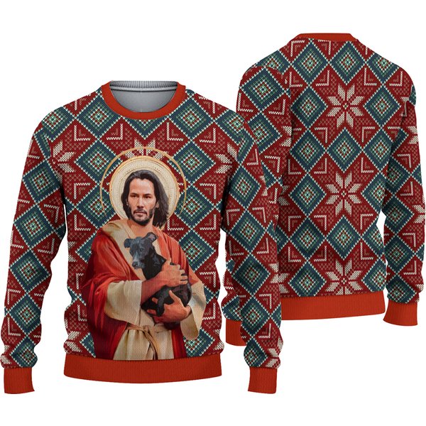 Jesus Keanu Reeves With Dog Ugly Christmas Sweater-image