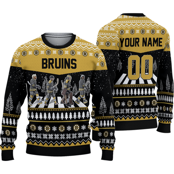 Personalized Bruins Walking Abbey Road Ice Hockey Christmas Ugly Sweater-image