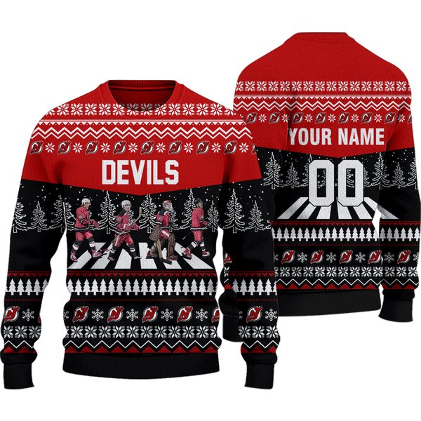 Personalized Devils Walking Abbey Road Ice Hockey Christmas Ugly Sweater