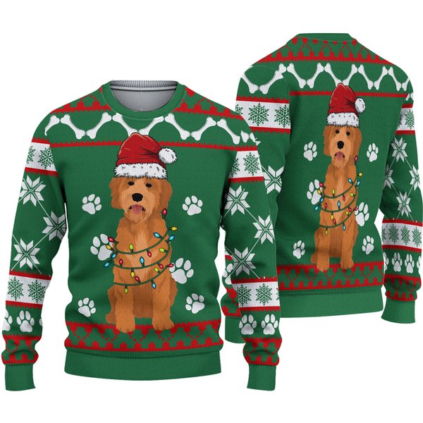 3D Golden Doodle Green Christmas Sweater-image