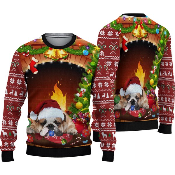 Sleeping Bulldog Fireplace Christmas Tree Ugly Sweater