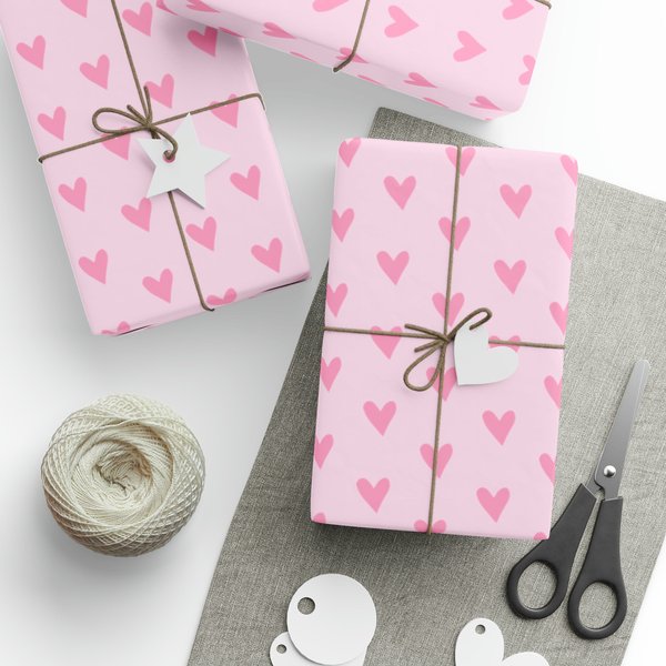 Pink Hearts Gift Wrapping Paper, Girls Birthday Wrapping Paper-image