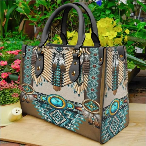 Turquoise Breastplate Native Leather Bag, Native American Lover's Handbag-image