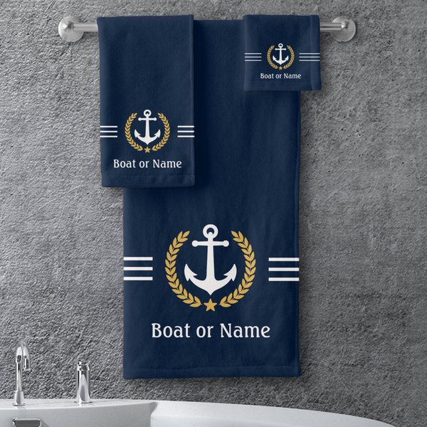 Your Boat Or Name Anchor Gold Laurel Stripes Blue Bath Towel Set