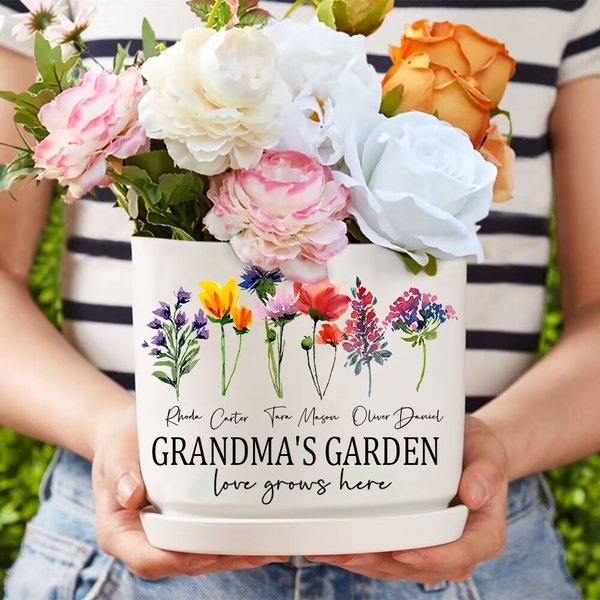 Custom Grandma's Garden Plant Pot With Grandkids Name And Birth Month Flower For Mother's Day-image