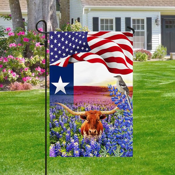 Texas Bluebonnets With Longhorn & Mockingbird Texas House Flag Garden Flag-image