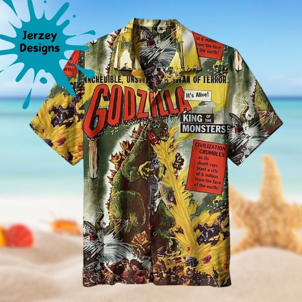 Vintage God Zilla Hawaiian Shirt Print Tropical Summer Beach-image