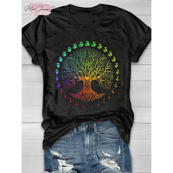 Tree Of Life Phases Of The Moon Rainbow Willow Tree T-Shirt-image