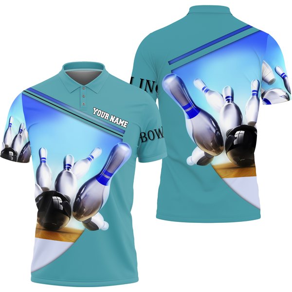 Ten Pin Bowling Blue Colorful Personalized Name Polo Shirt-image