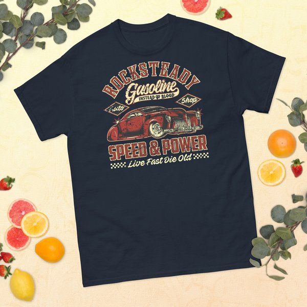 Rocksteady Gasoline Hot Rod Speed Shop Classic Antique Car T-Shirt-image
