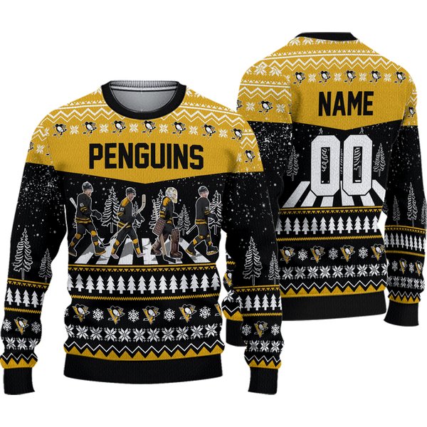 Personalized Penguins Walking Abbey Road Ice Hockey Christmas Ugly Sweater-image