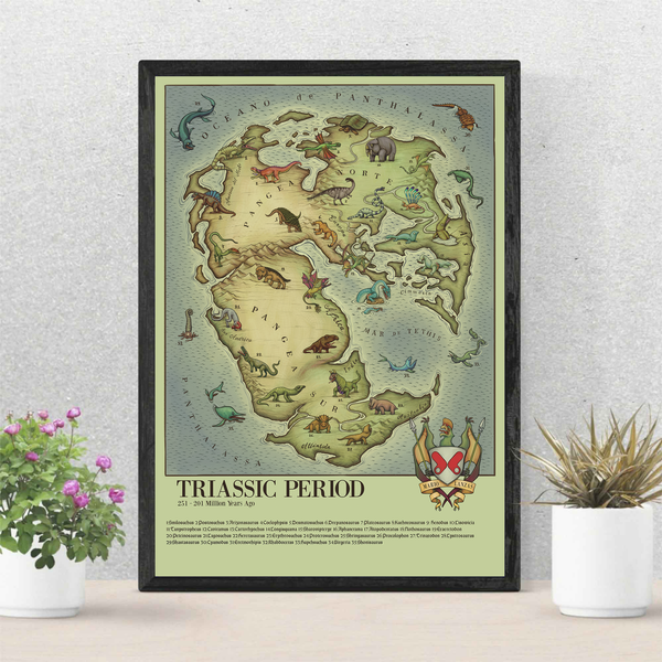 Triassic Period Map (Vintage Syle) Medieval Bestiary. Pangea Map Premium Matte Vertical Poster-image