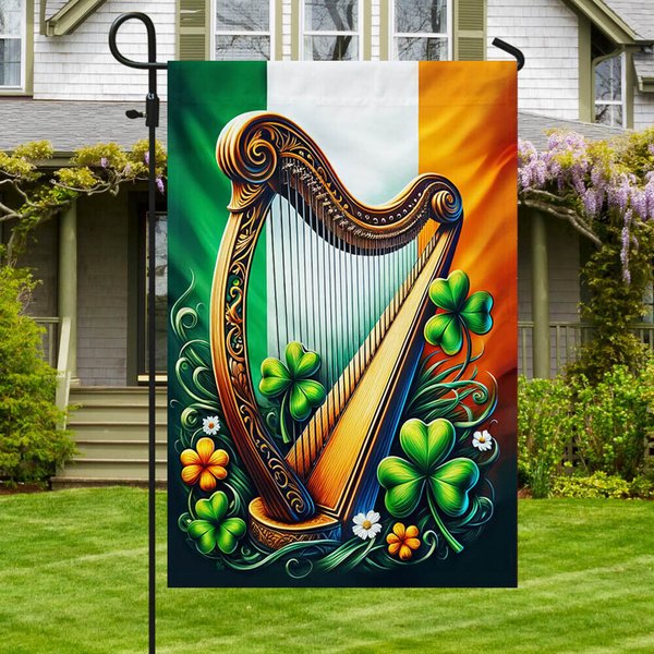 Traditional Harp And Shamrocks Irish St Patrick's Day Garden Flag, Lucky Flag, St Patrick's Day Home Decor-image